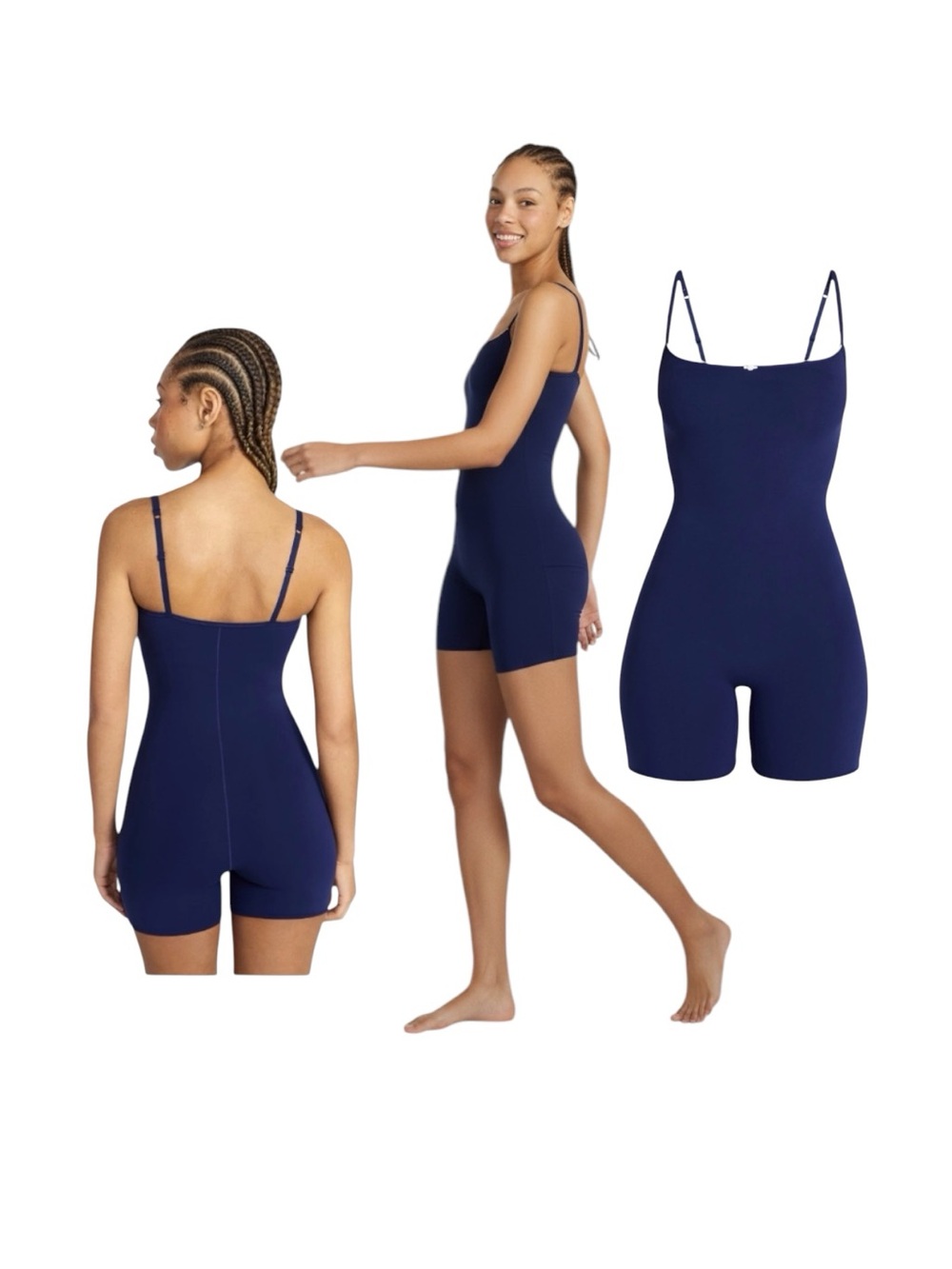 No Boundaries Fit Stretch Picot Navy Slim Strap One-Piece Romper